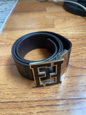 Fendi Black and Brown FF Logo Leather Belt with Silver Buckle